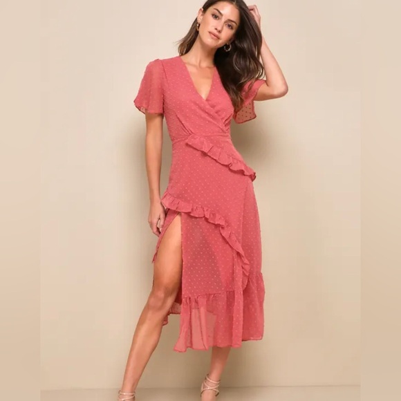 Lulus Dresses & Skirts - LULUS Next to You Rusty Rose Swiss Dot Ruffled Midi
Dress